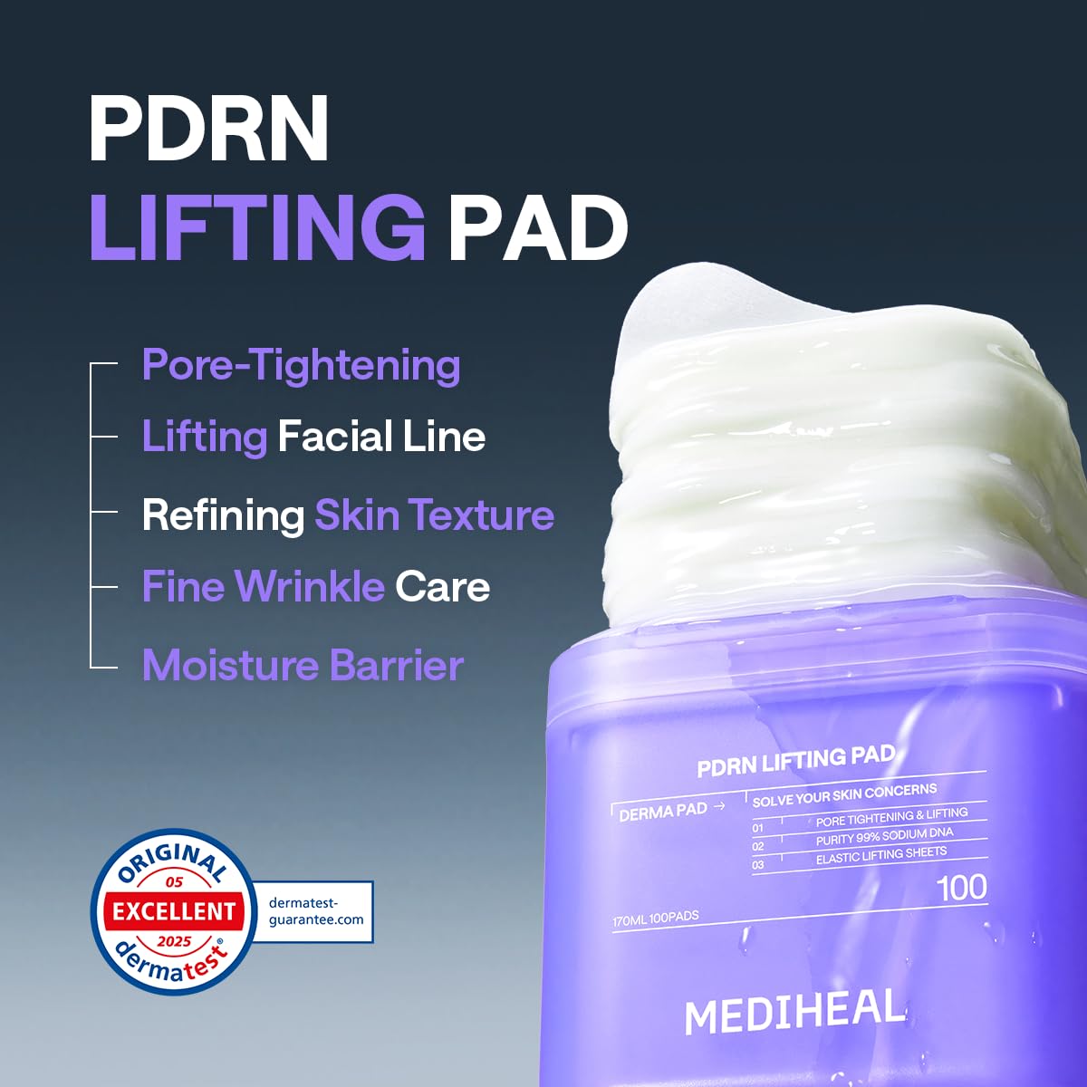 MEDIHEAL PDRN Lifting Toner Pads – Pore Tightening with Plant-Based PDRN, Peptide, Glutathione & PHA, Pore Care, Firming & Wrinkle Care, Stretchy Lifting Fabric, Korean Skin Care, 100 Pads