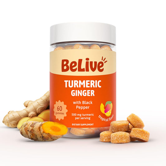BeLive Turmeric Curcumin with Black Pepper & Ginger - 60 Gummies I Turmeric and Ginger Supplement for Immune Support, Healthy Skin, and Mobility - Tropical Flavor - Available at All In One Marketplace Canada