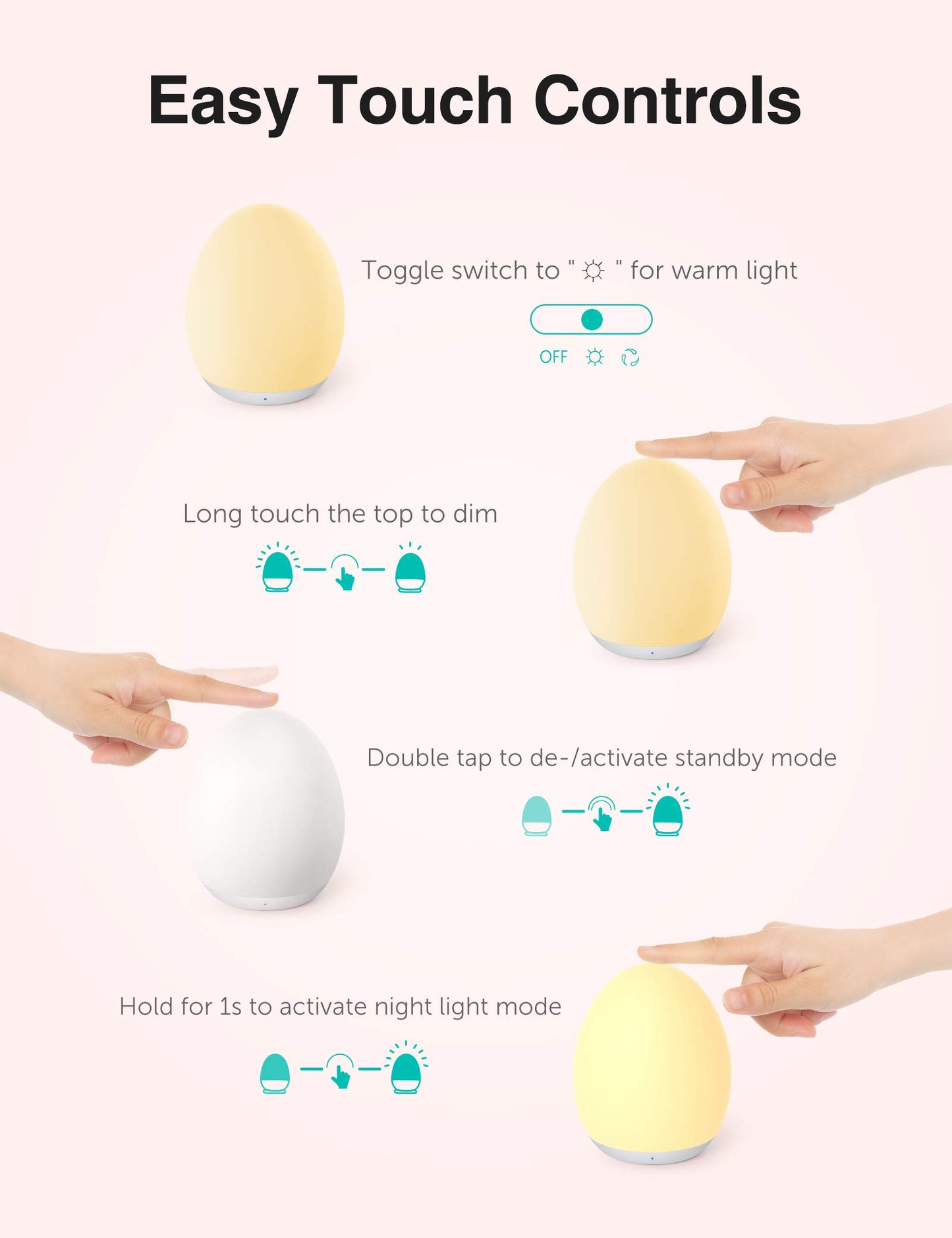JolyWell Night Lights for Kids, Rechargeable Baby Night Light with Color Changing Mode & Dimming Function, Touch Control, 1 Hour Timer, Nursery Baby Lamp - Available at All In One Marketplace Canada