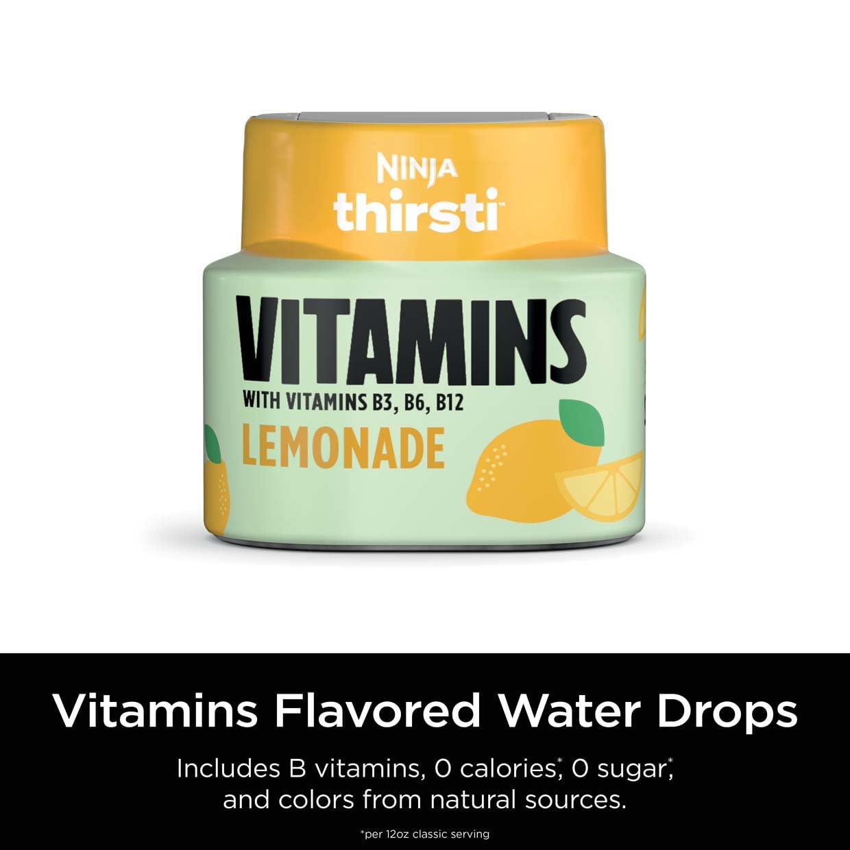Ninja Thirsti VITAMINS Lemonade Flavoured Water Drops with Vitamins B3, B6, B12 and 0 calories*, 0 sugar* (*per 12oz classic serving) . Turn water into refreshing fruit-flavoured sparkling or still drinks with Ninja Thirsti Vitamins Flavoured Water Drops, Ninja