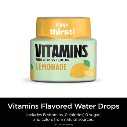 Ninja Thirsti VITAMINS Lemonade Flavoured Water Drops with Vitamins B3, B6, B12 and 0 calories*, 0 sugar* (*per 12oz classic serving) . Turn water into refreshing fruit-flavoured sparkling or still drinks with Ninja Thirsti Vitamins Flavoured Water Drops, Ninja