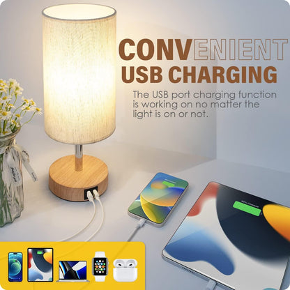 Yarra-Decor Bedside Table Lamp with USB Port - Touch Control for Bedroom Wood 3 Way Dimmable Nightstand Lamp with Round Flaxen Fabric Shade for Living Room, Dorm, Home Office (LED Bulb Included) - Available at All In One Marketplace Canada