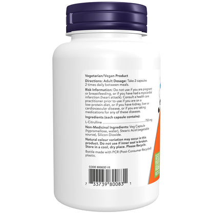 NOW Supplements, L-Citrulline 750 mg, Supports Protein Metabolism, Amino Acid, 90 Veg Capsules NOW