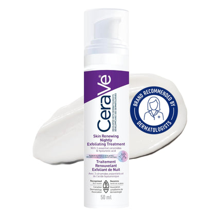 CeraVe Skin Renewing Nightly Exfoliating Treatment for Healthy Aging, Fine Lines, Wrinkles, Dullness and Pores. Face Serum with Glycolic Acid, Hyaluronic Acid & Ceramides, Fragrance-Free, 50ml - Available at All In One Marketplace Canada