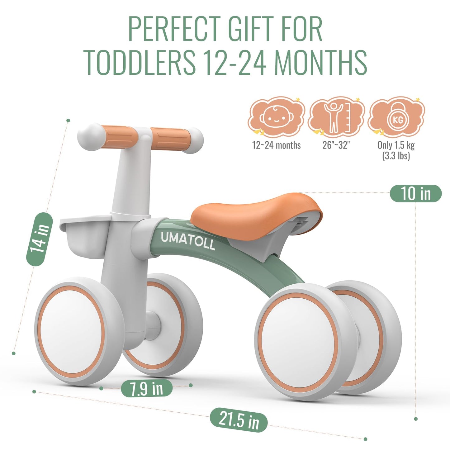 Umatoll Baby Balance Bike Toys for 1 Year Old Boys Girls Gifts, Adjustable Seat Baby Walker, First Birthday Gifts, 12-24 Months Toddler Ride on Toys with Removable Basket, Green