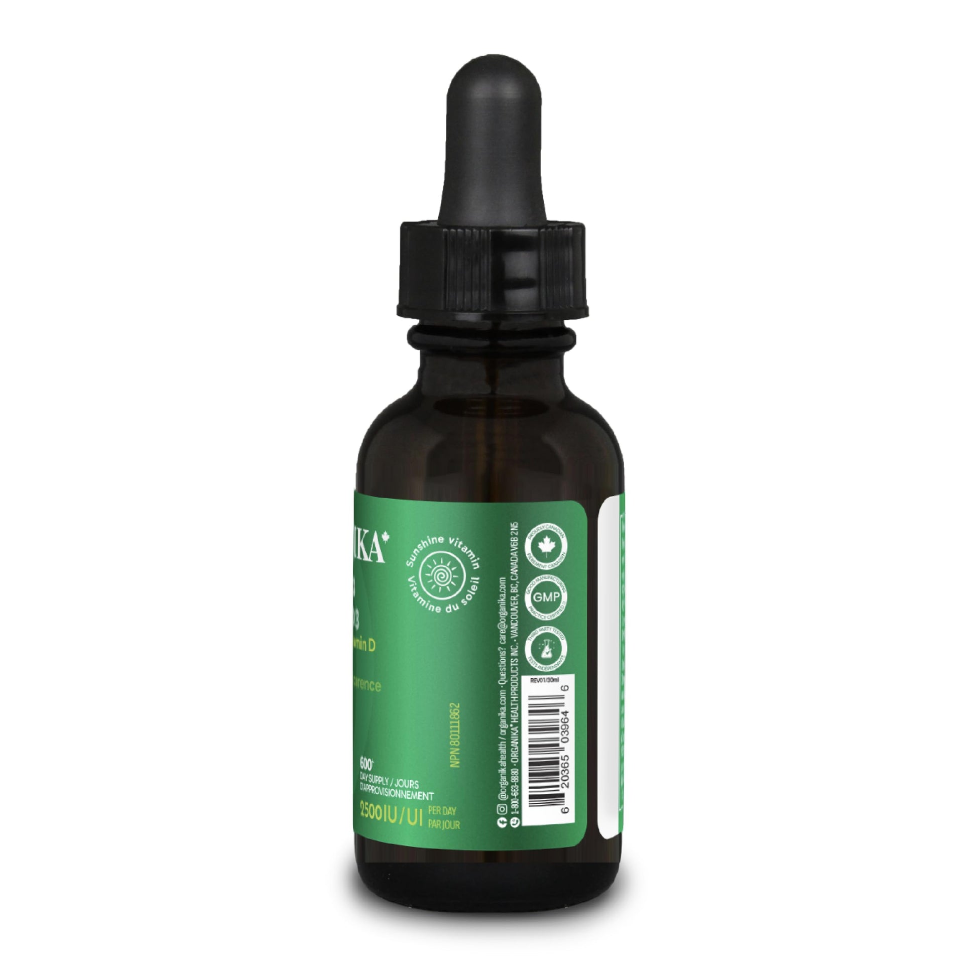 Organika Canadian-Made Vitamin D3 Liquid 2500IU- Olive Oil Base, Immune System Support- 30ml - Available at All In One Marketplace Canada