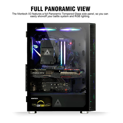 Montech X3 Mesh 6pcs, 3 x 140mm& 3 x 120mm Fixed RGB Lighting Fans ATX Mid-Tower PC Gaming Case, USB3.0, Door Open Tempered Glass Side Panel, High Airflow, Black