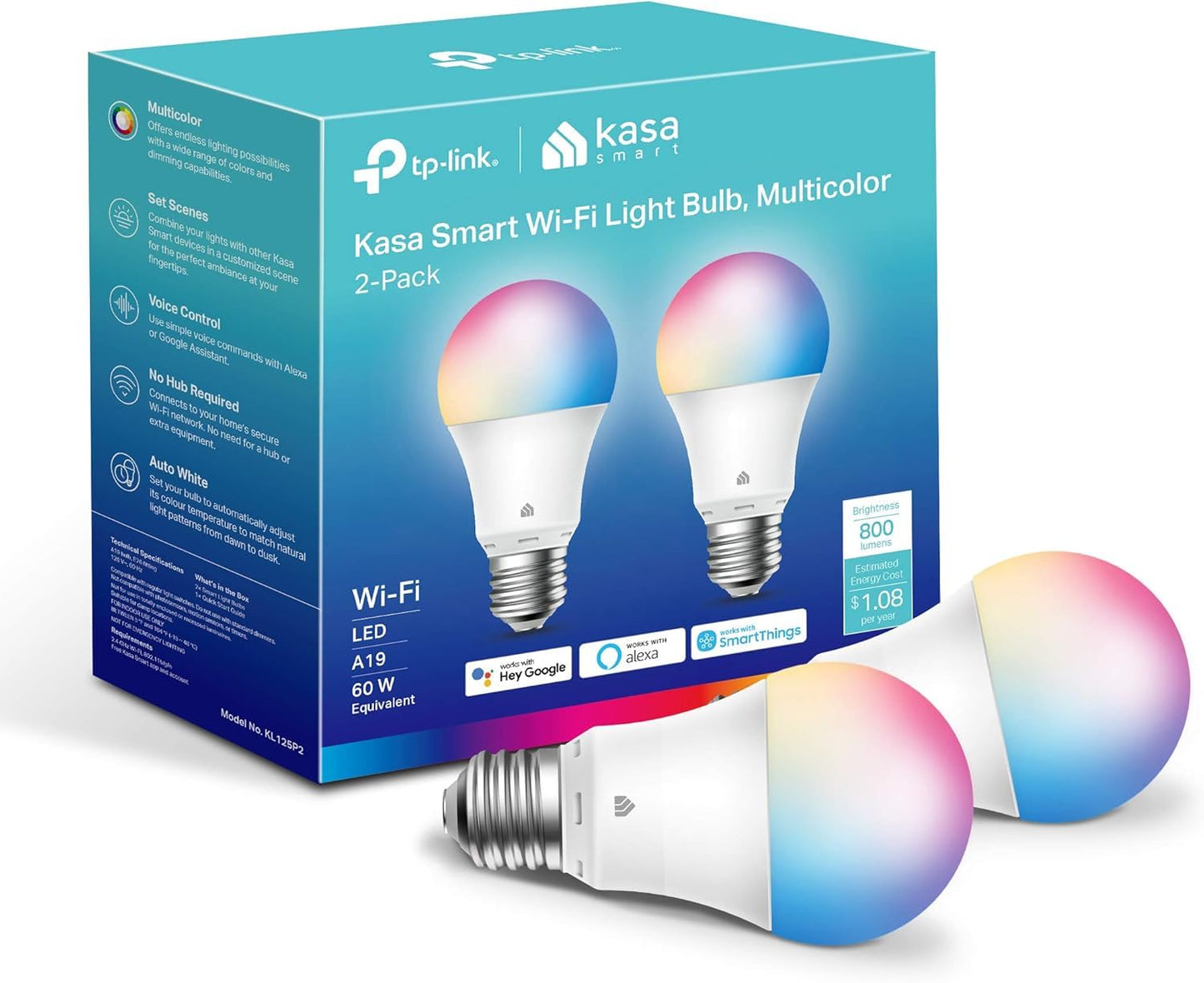 Kasa Smart Light Bulbs, Full Colour Changing Dimmable Smart WiFi Bulbs Compatible with Alexa and Google Home, A19, 9W 800 Lumens,2.4Ghz only, No Hub Required, 2-Pack (KL125P2), Multicolour Kasa Smart
