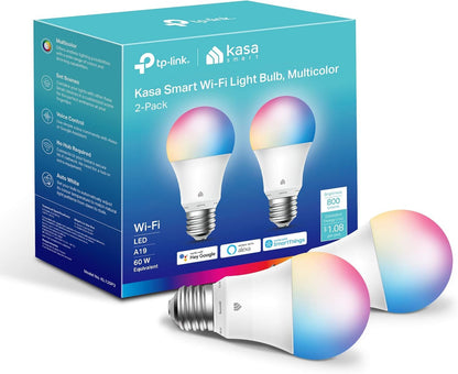 Kasa Smart Light Bulbs, Full Colour Changing Dimmable Smart WiFi Bulbs Compatible with Alexa and Google Home, A19, 9W 800 Lumens,2.4Ghz only, No Hub Required, 2-Pack (KL125P2), Multicolour Kasa Smart