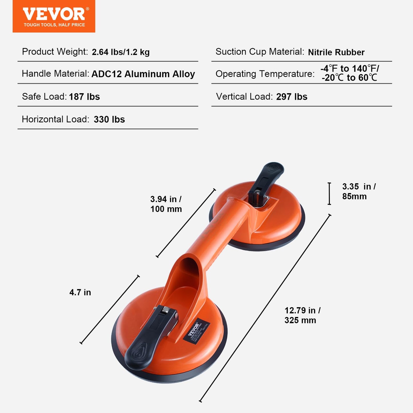 VEVOR Glass Suction Cup, 4.7" 2 Pack 330 lbs Load Capacity, Vacuum Suction Cup with Aluminum Handle, Heavy Duty Industrial Suction Cup Lifter Tool for Glass, Granite, Tile, Metal, Wood Panel Lifting VEVOR