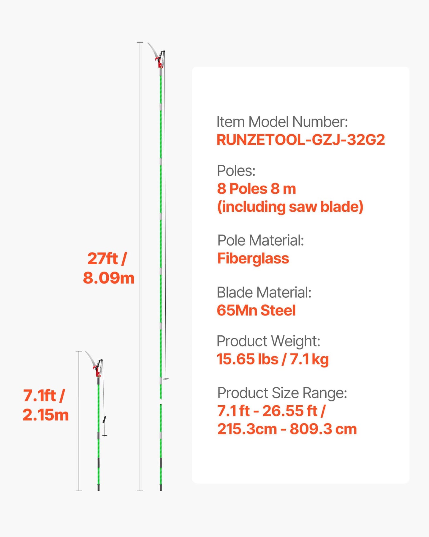 VEVOR Manual Pole Saw, 3.87-27 ft Extendable Pole Tree Pruner with Scissors, Sharp 65Mn Steel Blade, Lightweight Fiberglass Handle Pole, for High Branch Trimming, Pruning Tool for Palms and Shrubs VEVOR