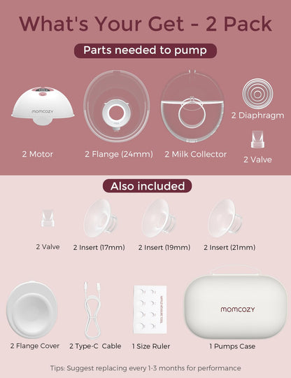 Momcozy M5 Smart App Control Hands Free Breast Pump, Double Wearable Breast Pump of Baby Mouth Double-Sealed Flange with 3 Modes & 9 Levels, Electric Pump Portable - 24mm, 2 Pack, Cozy Red
