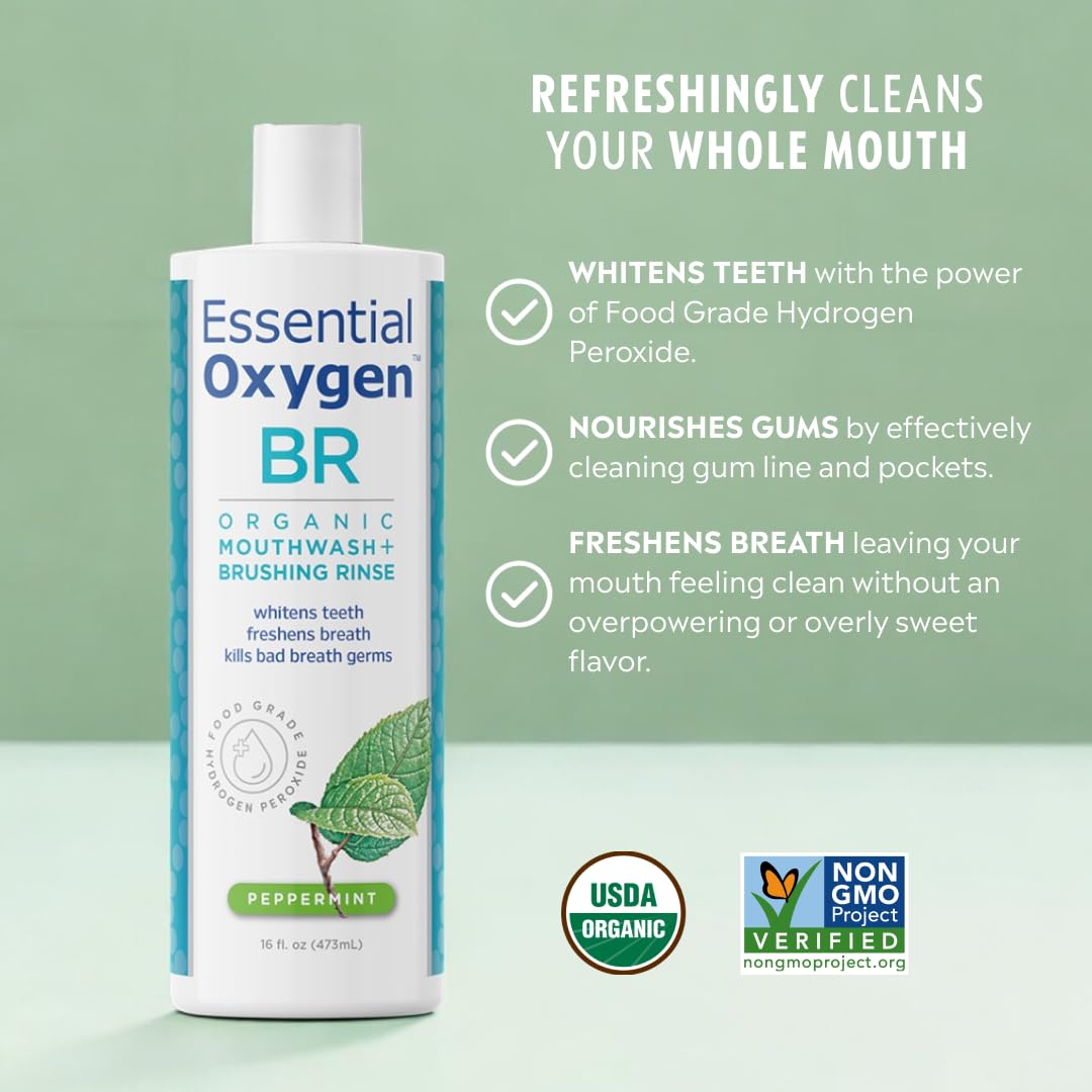 Essential Oxygen Organic Brushing Rinse Toothpaste Mouthwash for Whiter Teeth, Fresher Breath, and Healthier Gums, Peppermint 16 fl. oz 🍁 All In One Marketplace Canada