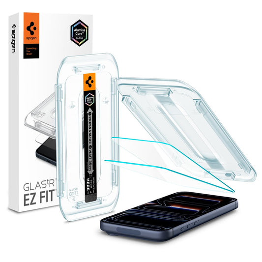 Spigen AluminaCore Tempered Glass Screen Protector [Glas.tR EZ Fit] designed for iPhone 17 Pro | iPhone 17 | iPhone 16 Pro [2 Pack] 9H+ Hardness, Aluminum-Enhanced Durability - Available at All In One Marketplace Canada