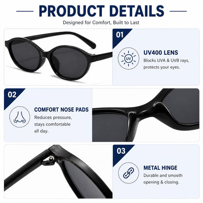 Retro Oval Cat Eye Sunglasses for Women 90s Trendy Small Lightweight Y2k Narrow Sunnies Cateye UV400 Sun Glasses 8057 Black+Brown+Tortoise