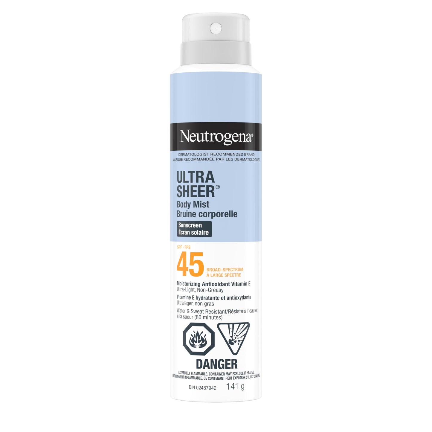 Neutrogena Ultra Sheer Body Mist Sunscreen Spray SPF 45 for UVA/UVB Broad Spectrum Sun Protection, Lightweight, Water-Resistant, Oil-Free & Non-Comedogenic, Oxybenzone-free, 141g