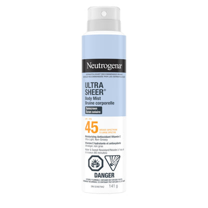 Neutrogena Ultra Sheer Body Mist Sunscreen Spray SPF 45 for UVA/UVB Broad Spectrum Sun Protection, Lightweight, Water-Resistant, Oil-Free & Non-Comedogenic, Oxybenzone-free, 141g