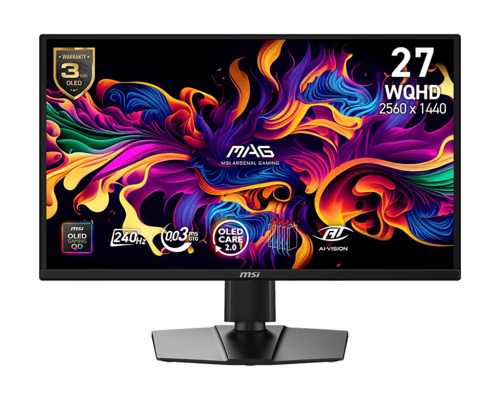 MSI MAG 272QP QD-OLED X24 27-inch 2560 x 1440 (QHD) Gaming Monitor, 240Hz, Adaptive-Synch, HDR Ready, HDMI, VGA Port,VESA Mountable, Tilt, 4-Side Slim Bezel, 0.03ms, Black