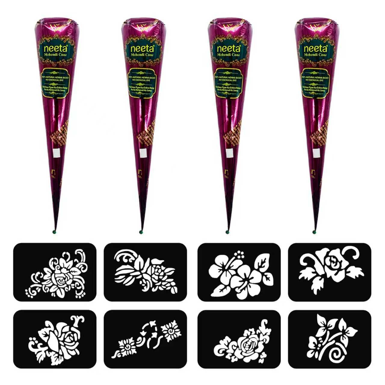 4 Pack Natural Mehendi Cone Henna Paste Temporary Tattoo Paste with 8pcs Tattoo Stencils| Each cone 25 grams | Indian Body Art Painting Drawing Tattoos Freckles (Reddish Brown Color)