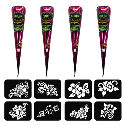 4 Pack Natural Mehendi Cone Henna Paste Temporary Tattoo Paste with 8pcs Tattoo Stencils| Each cone 25 grams | Indian Body Art Painting Drawing Tattoos Freckles (Reddish Brown Color)