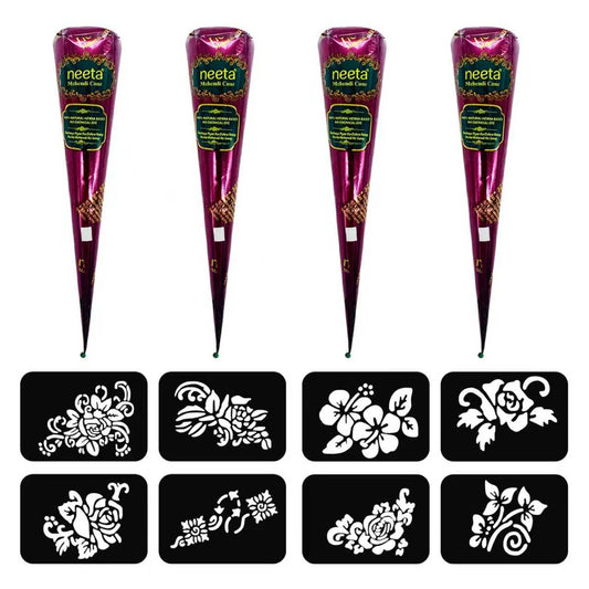4 Pack Natural Mehendi Cone Henna Paste Temporary Tattoo Paste with 8pcs Tattoo Stencils| Each cone 25 grams | Indian Body Art Painting Drawing Tattoos Freckles (Reddish Brown Color)