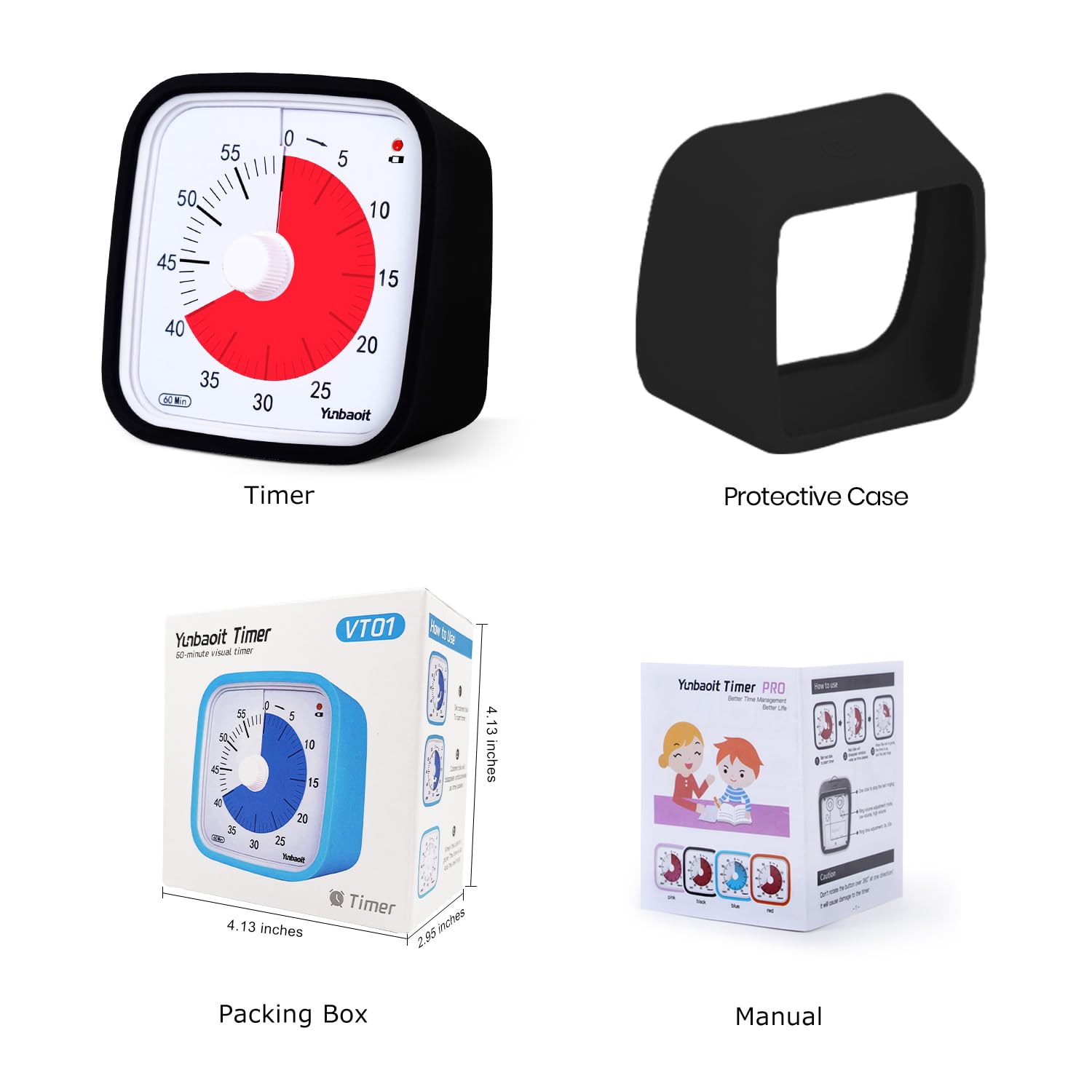 Visual Timer with Protective Case, Yunbaoit Upgraded 60-Minute Countdown Timer for Kids and Adults with Low Battery Remind, Silent Time Management Tool, No Ticking Optional Alert(Black) - Available at All In One Marketplace Canada