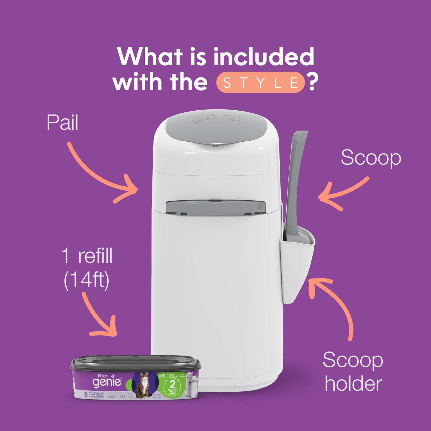 Litter Genie Style Pail - Cat Litter Waste Disposal System with Square Pail Refill Bag - Compatible with Standard and Jumbo Litter Genie Refill