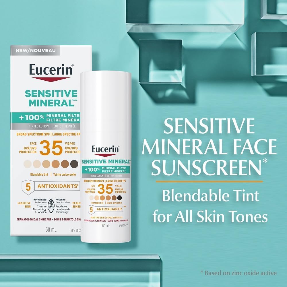 Eucerin Sun Tinted Mineral Face Sunscreen, Daily Face Sunscreen SPF 35 with Zinc Oxide and 5 Antioxidants, Mineral Body SPF 35 Lotion with UVA-UVB Sun Protection, Fragrance Free & Non Greasy, 50 ml pump