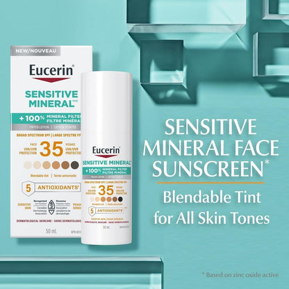 Eucerin Sun Tinted Mineral Face Sunscreen, Daily Face Sunscreen SPF 35 with Zinc Oxide and 5 Antioxidants, Mineral Body SPF 35 Lotion with UVA-UVB Sun Protection, Fragrance Free & Non Greasy, 50 ml pump