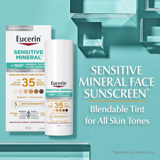 Eucerin Sun Tinted Mineral Face Sunscreen, Daily Face Sunscreen SPF 35 with Zinc Oxide and 5 Antioxidants, Mineral Body SPF 35 Lotion with UVA-UVB Sun Protection, Fragrance Free & Non Greasy, 50 ml pump