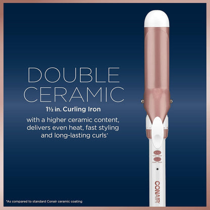 Conair Double Ceramic 1 1/2-Inch Curling Iron, 1 ½ inch barrel produces soft waves – for use on medium and long hair, Hair curler