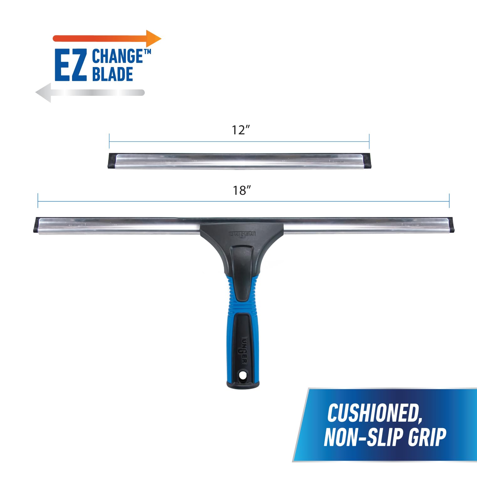 Unger Professional 18” EZ Change Window & Glass Cleaning Squeegee - Streak Free Results, Clean Large and Small Windows, with 12” Channel Unger