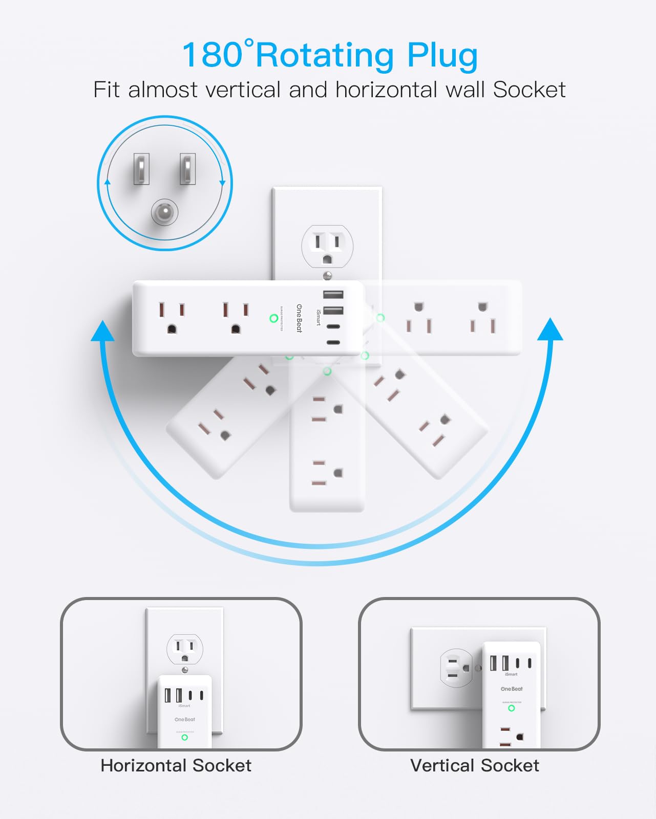 Surge Protector Outlet Extender - with Rotating Plug, 6 AC Multi Plug Outlet with 4 USB Ports (2 USB C), 1800 Joules, 3-Sided Swivel Power Bar with Spaced Splitter for Home, Office, Travel