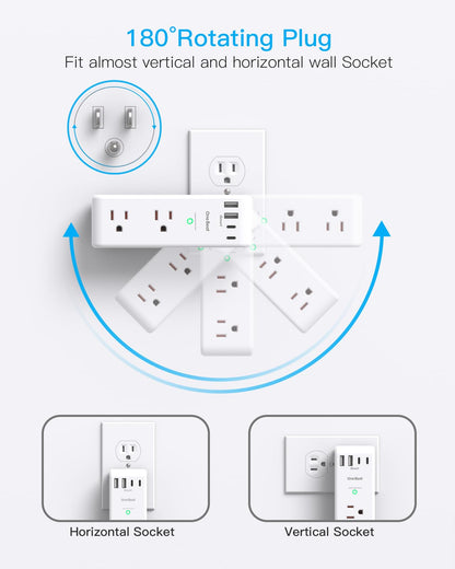 Surge Protector Outlet Extender - with Rotating Plug, 6 AC Multi Plug Outlet with 4 USB Ports (2 USB C), 1800 Joules, 3-Sided Swivel Power Bar with Spaced Splitter for Home, Office, Travel