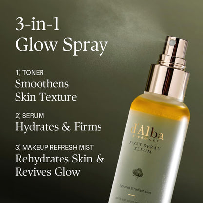 [2 Bottles] d'alba Piedmont Italian White Truffle First Spray Serum 100ml*2 Bundle, Vegan Skin Care, Hydrating Face Moisturizer, Glow Serum for Radiant Skin, Non Comedogenic, All In One Mist, Korean skincare, (100ml*2, Total 200ml)