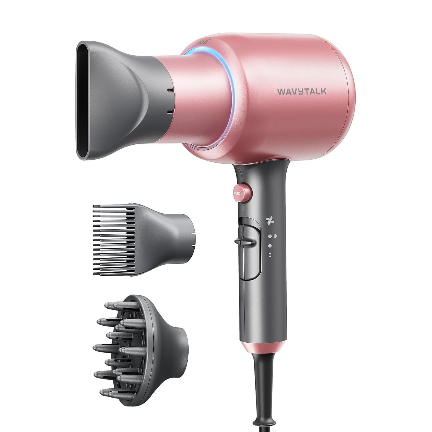 Wavytalk Hair Dryer with Diffuser, Blown Away Ionic Hair Dryer for Curly Hair, 1875W Fast Drying Blow Dryer with Ceramic Technology, 3 Attachments for All Hair Types, Light and Quiet, Blush Gold - Available at All In One Marketplace Canada