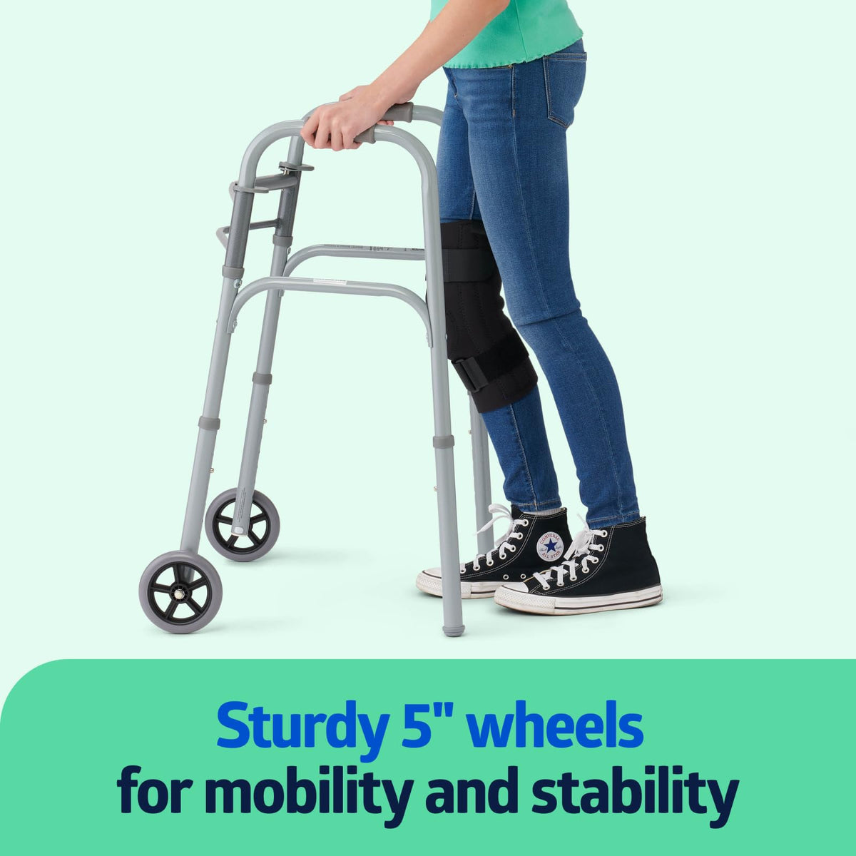 Medline Two-Button Folding Walker with 5" Wheels, Basic, 400lb Duty