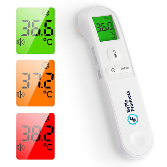 ByFloProducts, Thermometer Adult and Baby, Forehead Digital Thermometer, Infrared Thermometer, Memory and Fever Alarm, Easy to Use, 1 Second Reading Temperature