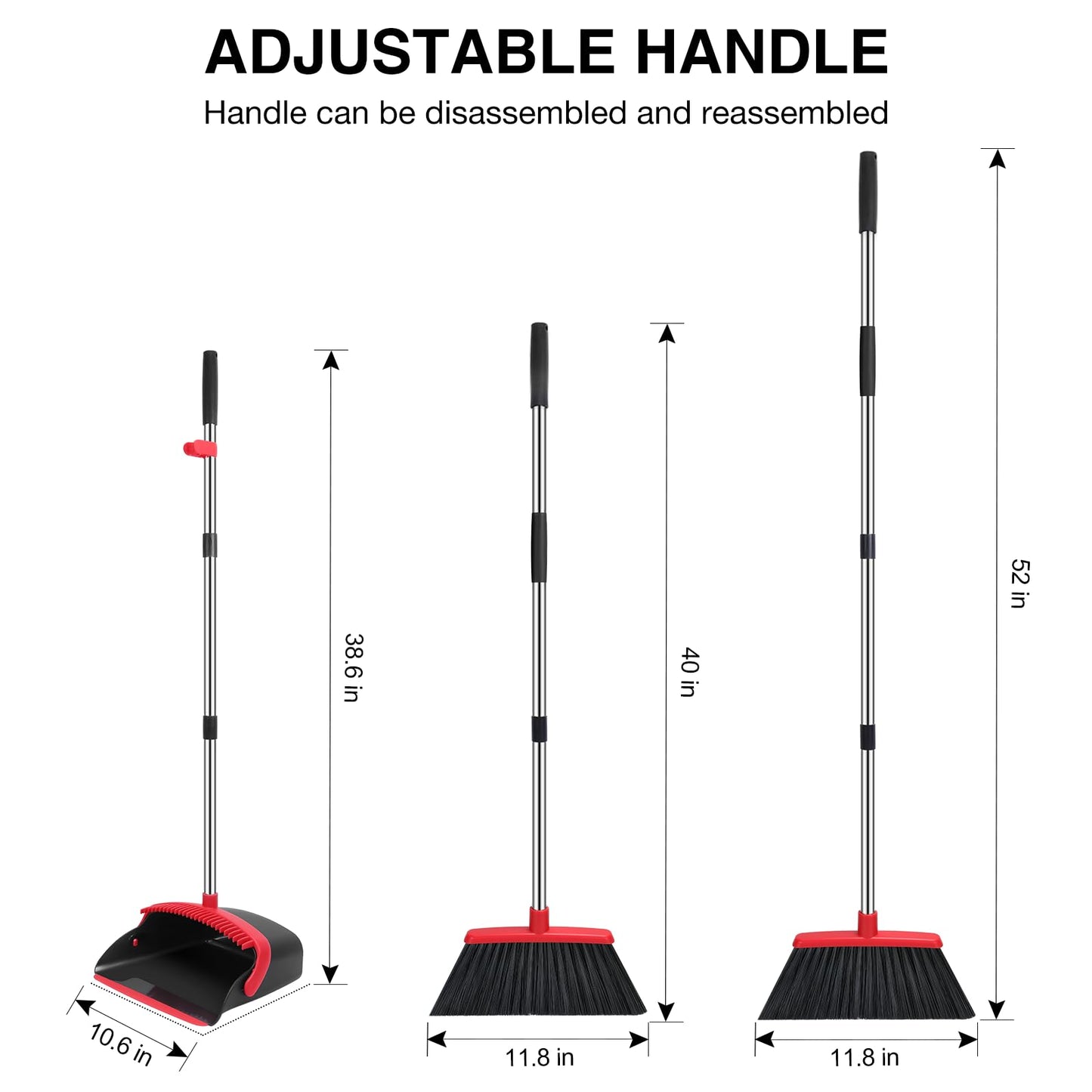 Broom and Dustpan Set, 52-in Long Adjustable Handle Broom Dustpan Combo with Dustpan Teeth to Automatically Clean Hair Suitable for Home Kitchen Office Hall Floor（Black&Red） - Available at All In One Marketplace Canada