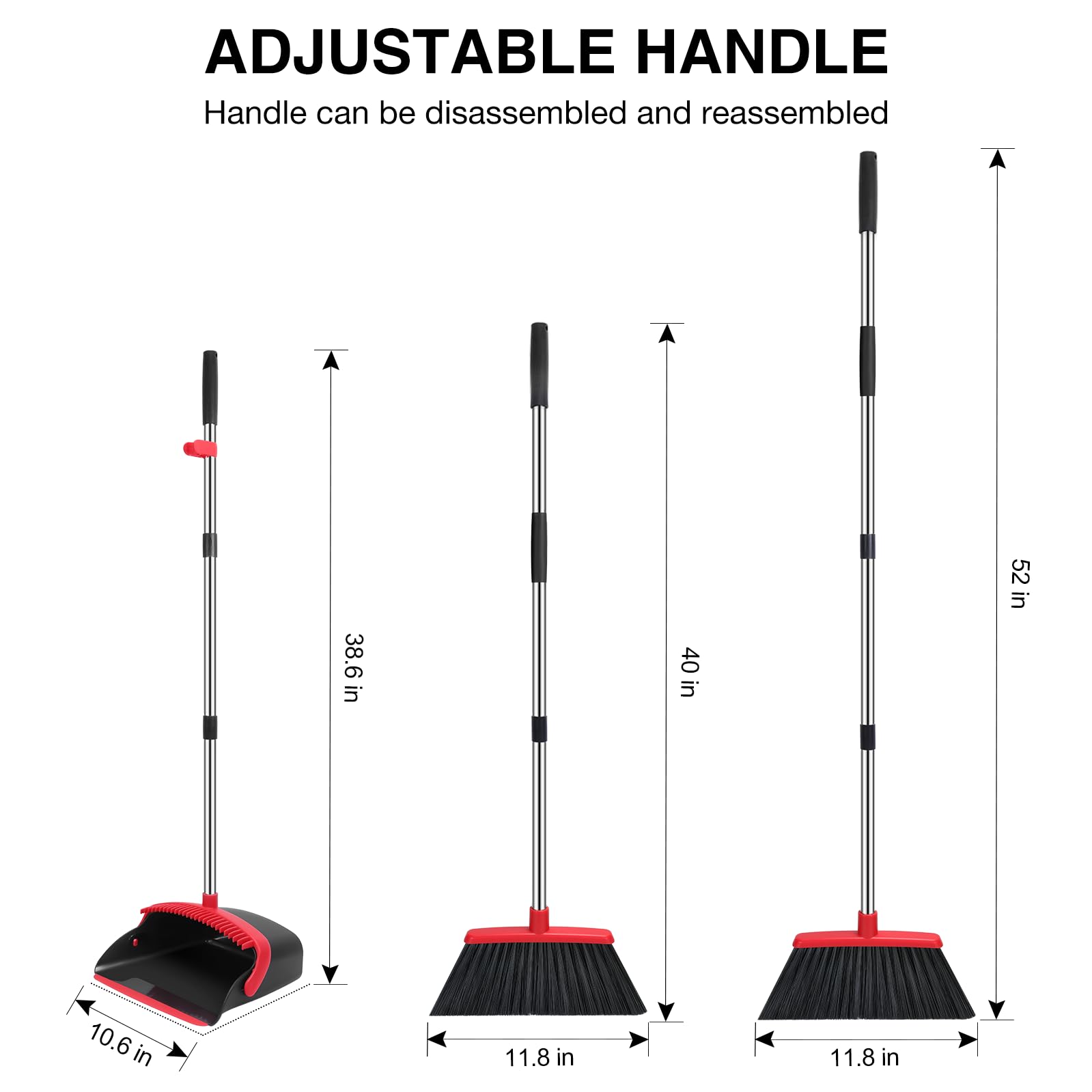 Broom and Dustpan Set, 52-in Long Adjustable Handle Broom Dustpan Combo with Dustpan Teeth to Automatically Clean Hair Suitable for Home Kitchen Office Hall Floor（Black&Red） - Available at All In One Marketplace Canada