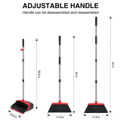 Broom and Dustpan Set, 52-in Long Adjustable Handle Broom Dustpan Combo with Dustpan Teeth to Automatically Clean Hair Suitable for Home Kitchen Office Hall Floor（Black&Red） - Available at All In One Marketplace Canada