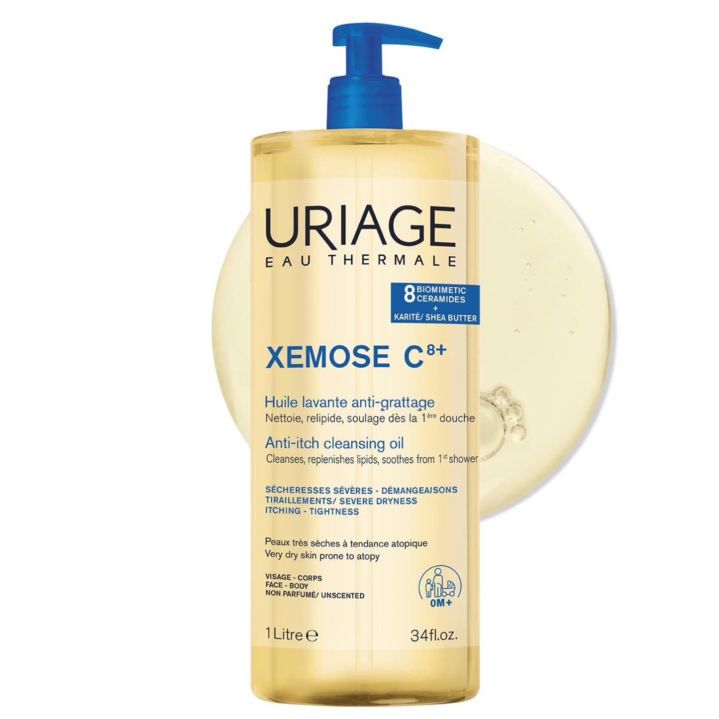 Uriage Xémose Cleansing Soothing Oil - Face & Body Cleanser & Shower Gel - Long-Lasting Comfort For Dry, Sensitive Skin Prone to Atopic Eczema - Soap-free, Fragrance-free For Your Whole Family - 1L - Available at All In One Marketplace Canada