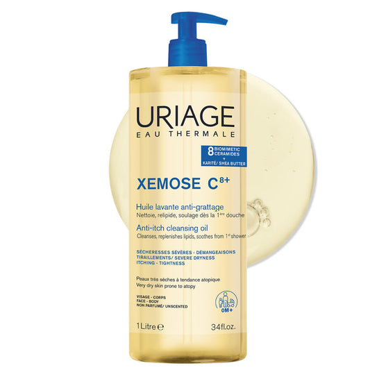 Uriage Xémose Cleansing Soothing Oil - Face & Body Cleanser & Shower Gel - Long-Lasting Comfort For Dry, Sensitive Skin Prone to Atopic Eczema - Soap-free, Fragrance-free For Your Whole Family - 1L - Available at All In One Marketplace Canada