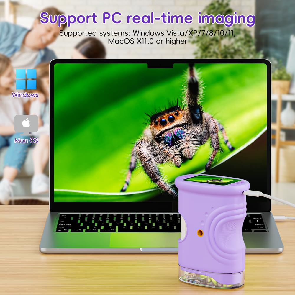 Temodu Kids Microscope 2.0" Screen 1000X Digital Microscope for Kids, Mini Pocket Handheld Microscopes for Children Birthday Festival Gift, Science Education Fun Toys for Boys Girls Ages 4-12 (Purple)