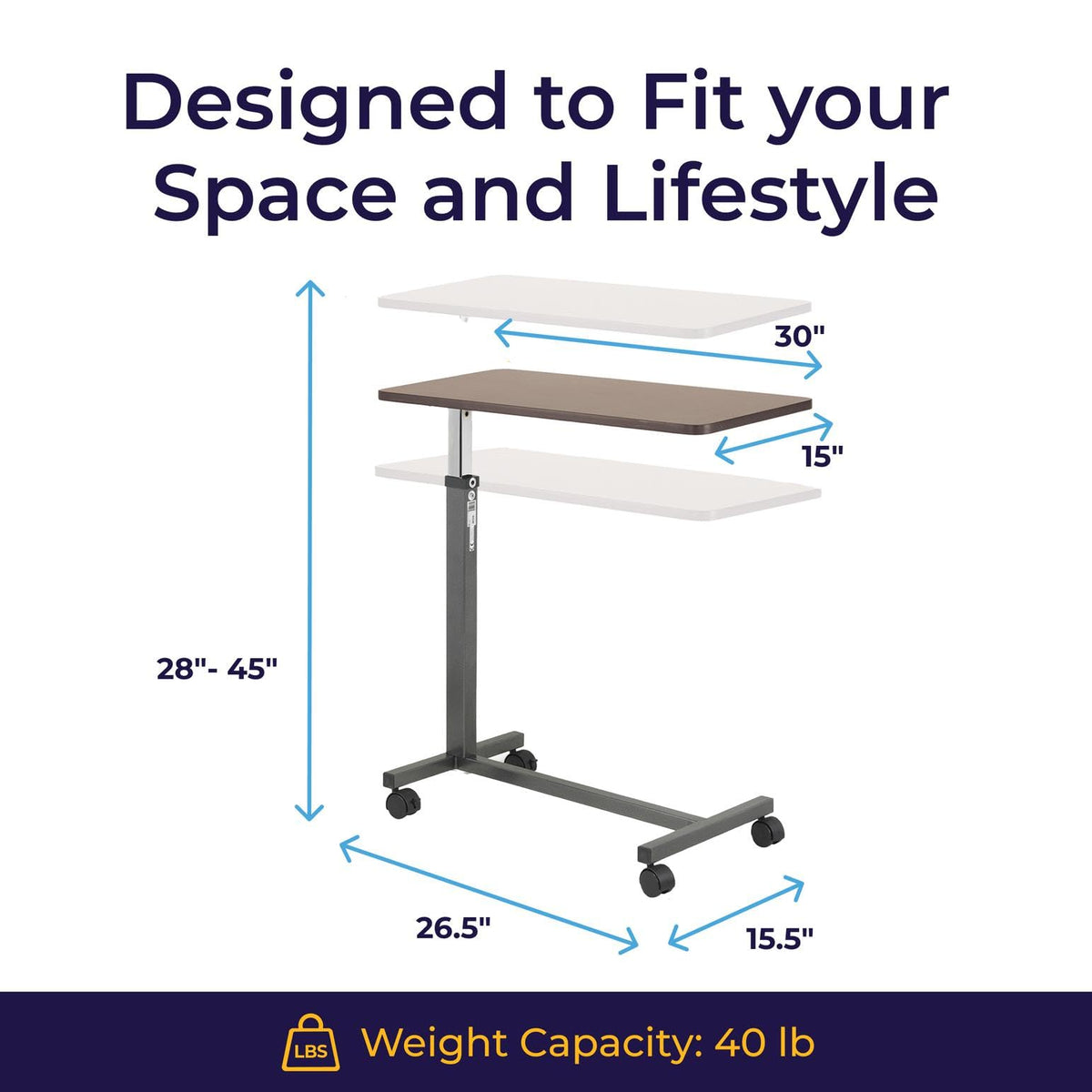 Drive Medical 13067 Non Tilt Top Overbed Table with Wheels, BedSide Table, Adjustable Overbed Rolling Table, Adjustable Standing Desk or Hospital Tray Table with Secure Height Adjustment, Silver Vein
