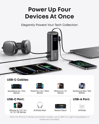 Anker Laptop Power Bank, 25,000mAh Portable Charger with Triple 100W USB-C Ports, Built-in Retractable Cables, Flight-Approved for Travel, iPhone 17/16 Series, MacBook, Samsung, and More - Available at All In One Marketplace Canada
