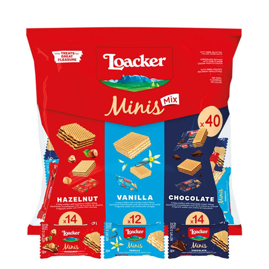 Loacker Minis Variety Pack | Assorted Crispy Wafer Cookies - Hazelnut, Chocolate, and Vanilla Cream Filling | 30% Less Sugar | Non-GMO | Sustainably Sourced Ingredients | 10g/0.35oz – 40 Count, Individually Wrapped - Available at All In One Marketplace Canada