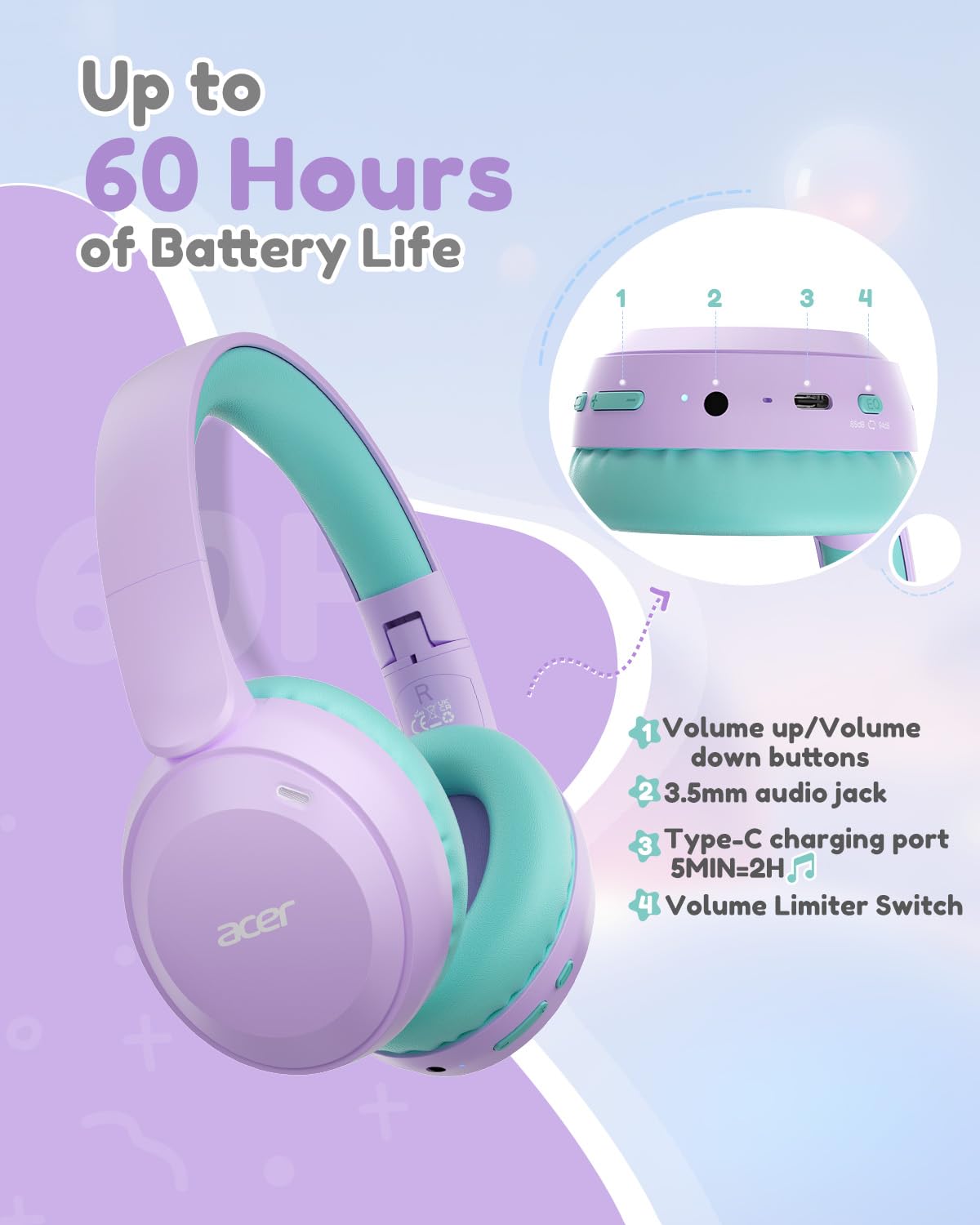 acer Kids Bluetooth Headphones, 85/94dB Volume Limiter, Foldable Wireless Over-Ear Headphones for iPad, Travel, 60H Playtime, Bluetooth 6.0, Built-in Mic, Purple Green, OHR668