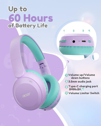 acer Kids Bluetooth Headphones, 85/94dB Volume Limiter, Foldable Wireless Over-Ear Headphones for iPad, Travel, 60H Playtime, Bluetooth 6.0, Built-in Mic, Purple Green, OHR668