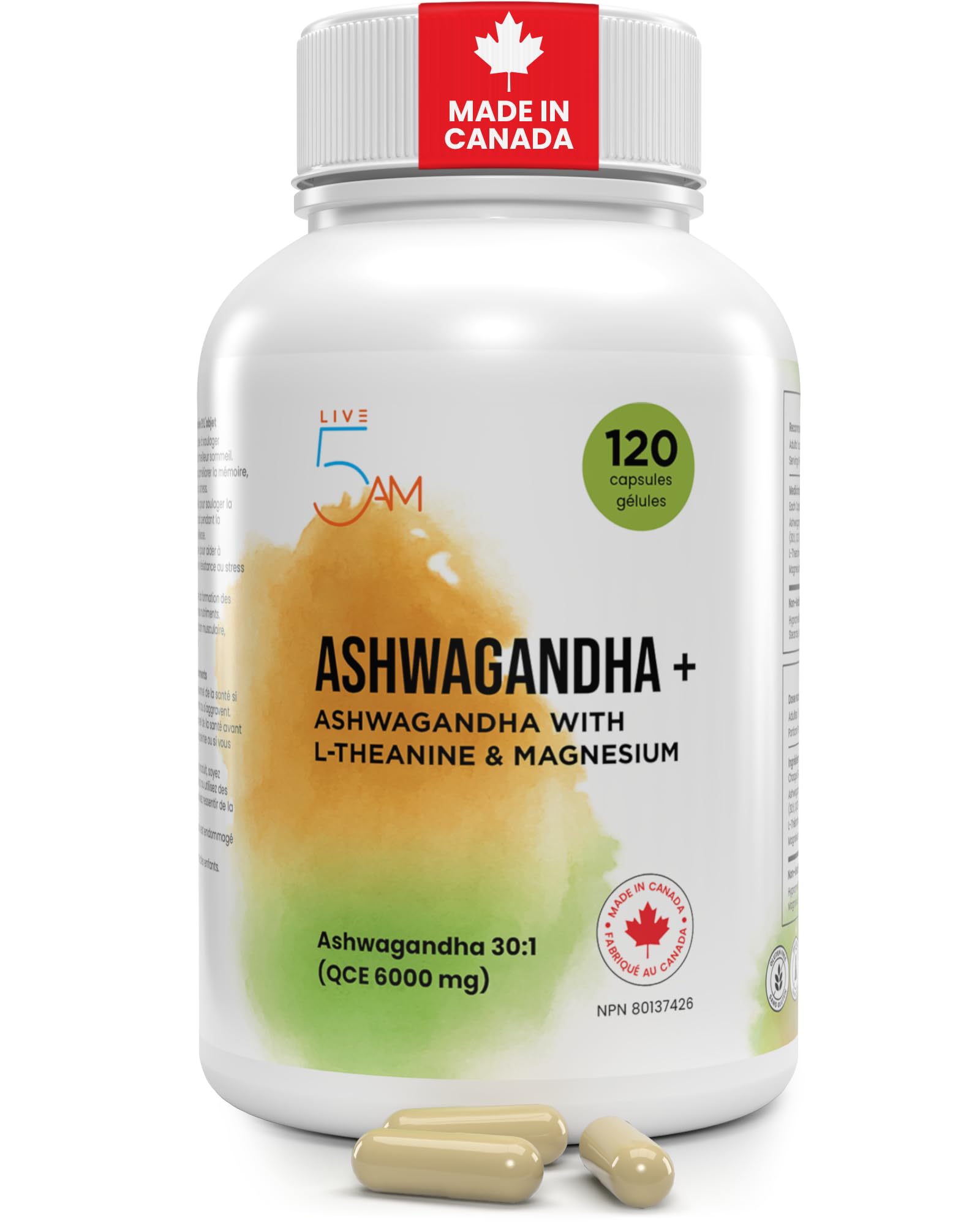 Live 5AM Ashwagandha 6000mg with L-Theanine 200mg, Magnesium Bisglycinate 75mg & Black Pepper Extract - Relaxation, Stress & Restlessness Support - 4 Month Supply, 120 Capsules - Made in Canada - Available at All In One Marketplace Canada